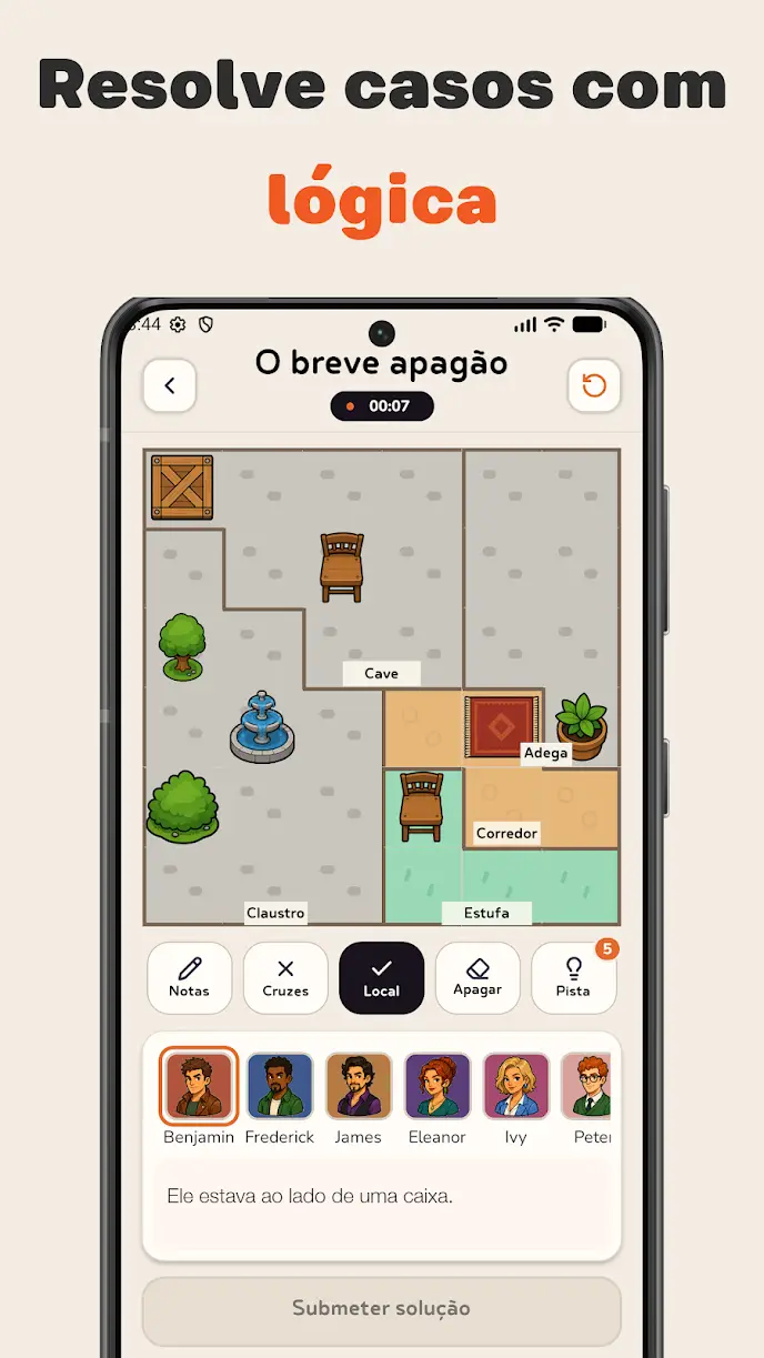 Ecrã de caso do Enigmic com pistas listadas em português