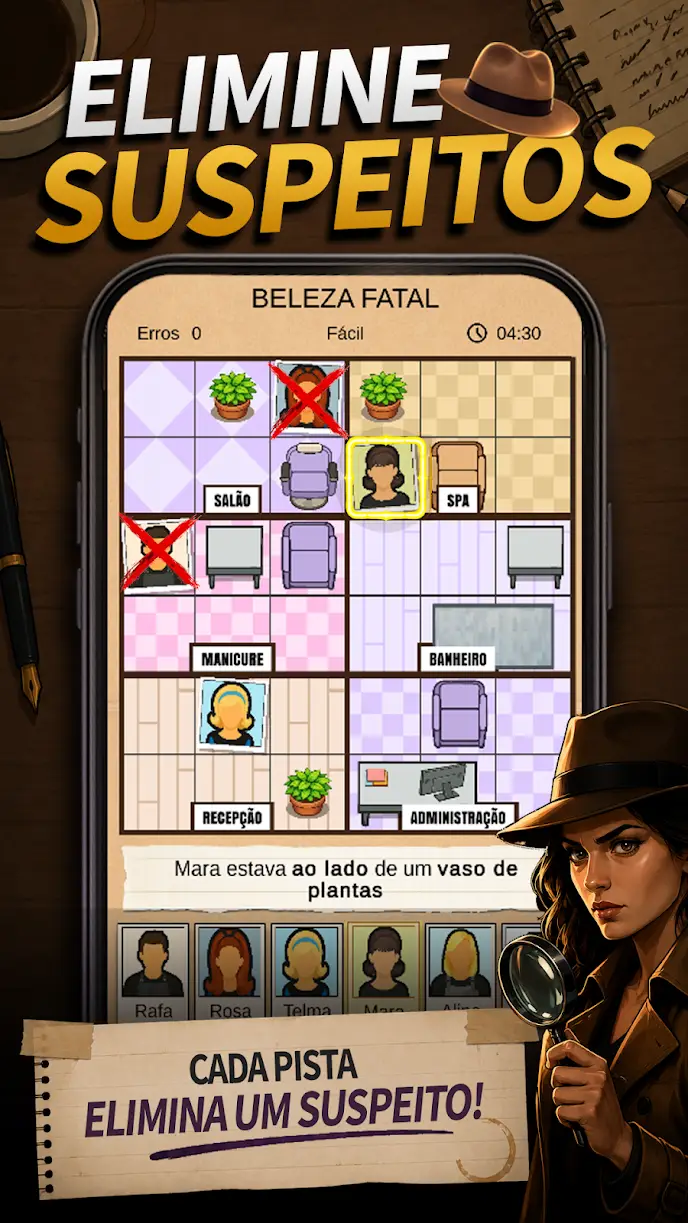 Tabuleiro que combina quadrícula de sudoku com pistas de dedução